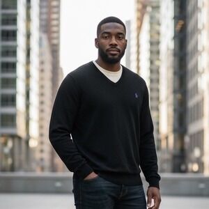 Polo Ralph Lauren Mens Black V-Neck Sweater Logo Long Sleeve Classic Fit Sz L #